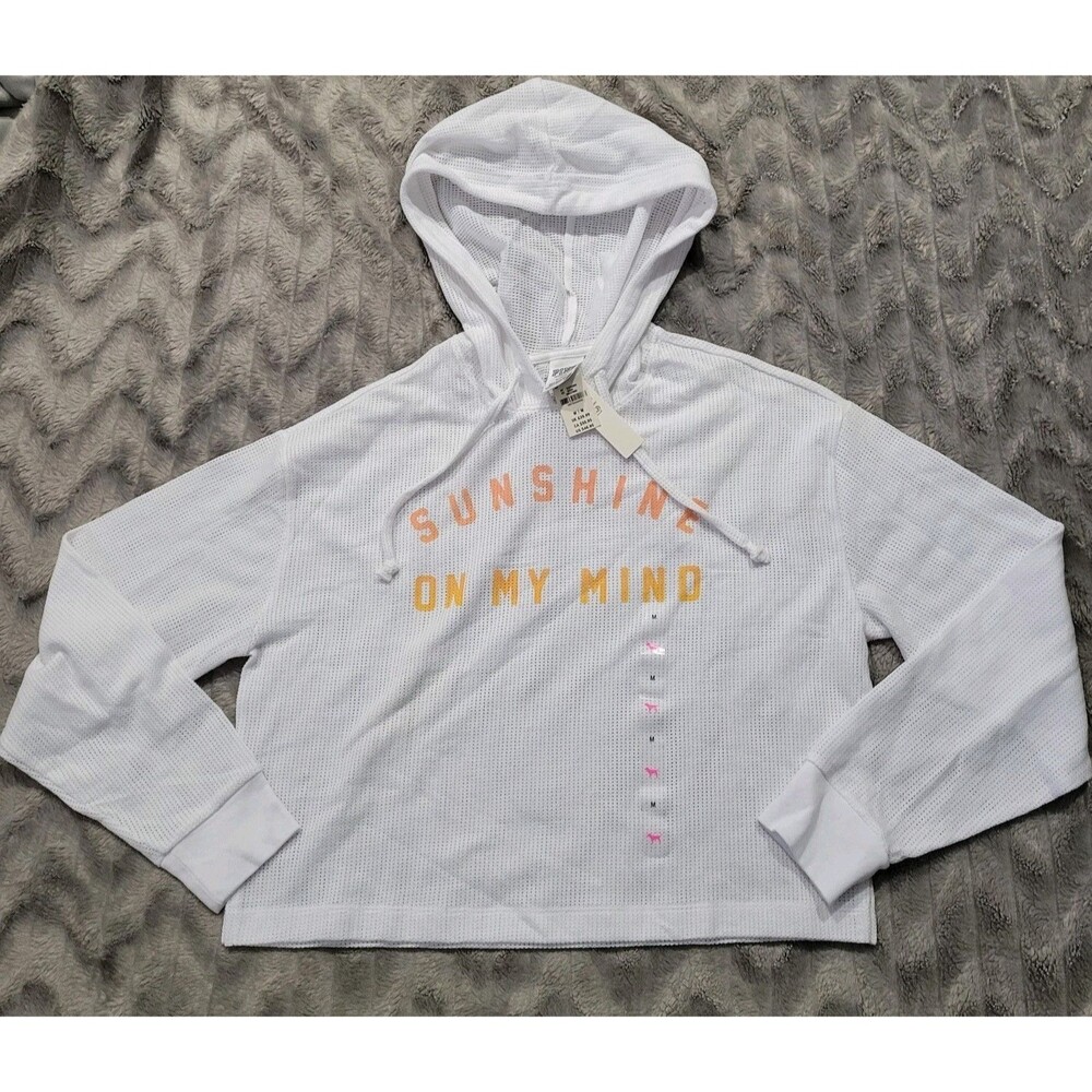 Victoria's Secret Pink Womens Size M White Mesh Cropped Hoodie NWT